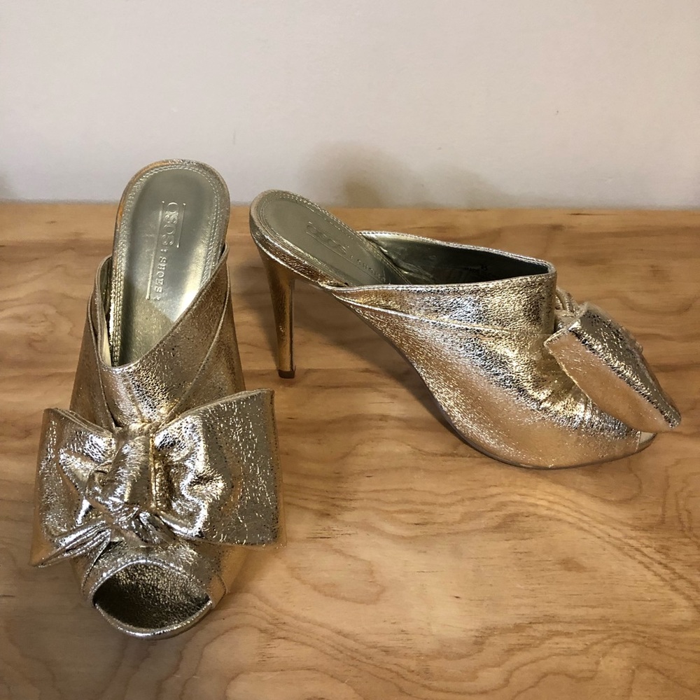 ASOS Big Bow Gold Mules Spike Heels
